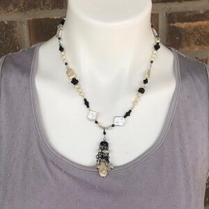 White Cultured Pearl, Mother Of Pearl & Crystal Beaded Y-Style Necklace 18”